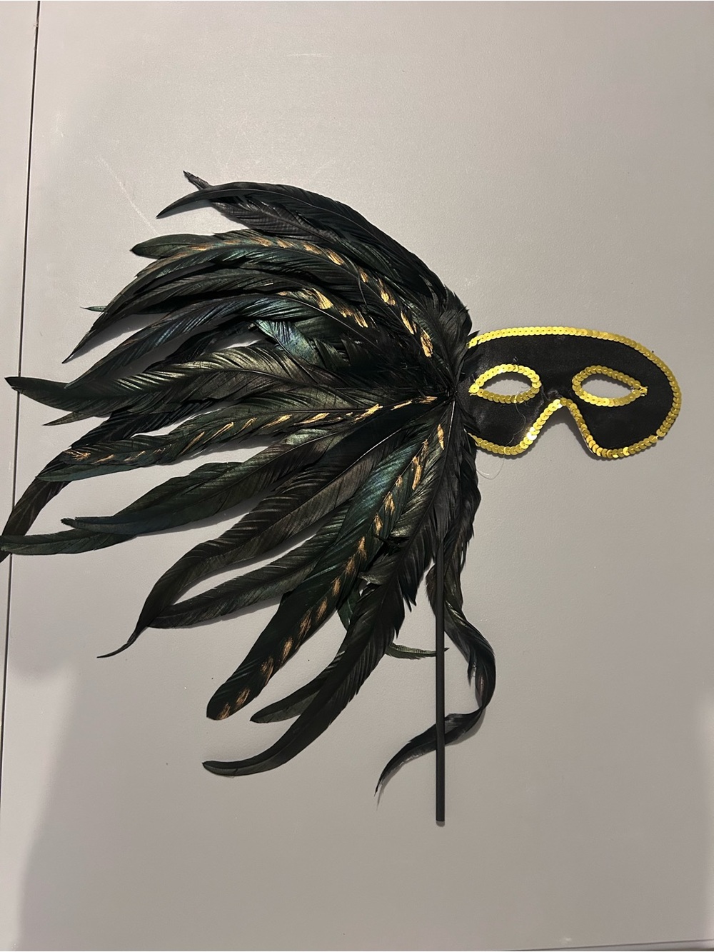 Black & Gold Masquerade Mask Gold Sequined Trim Dark Feather Plumage